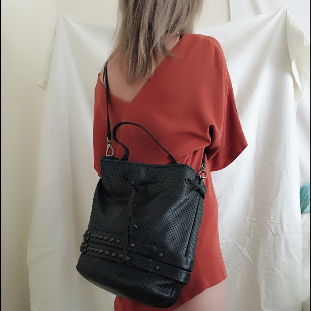 Black leather Bucket Bag with Rivet Details